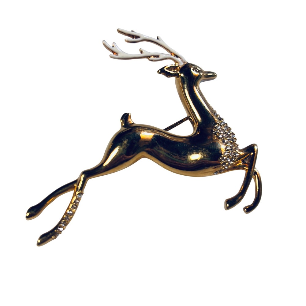 MMA Gold Tone Leaping Reindeer Brooch White Enamel Antlers Rhinestone Holiday